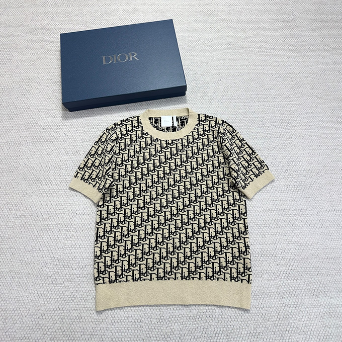 dior allover oblique logo jacquard crew neck short sleeve knit top